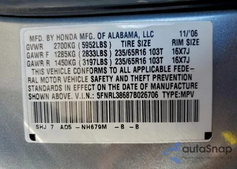 2007 Honda Odyssey Exl z USA, uszkodzony, nr VIN 5FNRL38687B026706